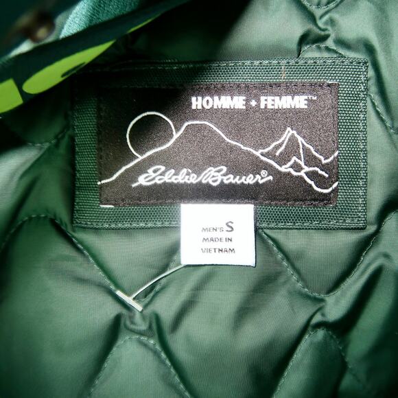 Eddie Bauer X Homme Femme Down Shell Jacket Dark Neon Green Mens Small Outerwear - Picture 5 of 6